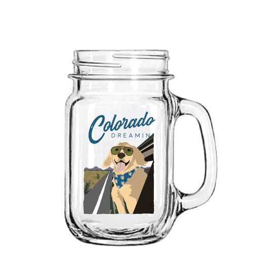 Colorado Dog On The Road Mason Jar Glass
